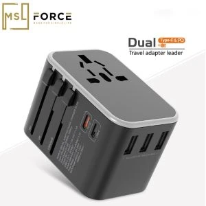 MSLFORCE 18W यूनिवर्सल ट्रैवल एडॉप्टर विथ डुअल USB C सॉकेट ग्रे और ब्लैक इन स्टॉक