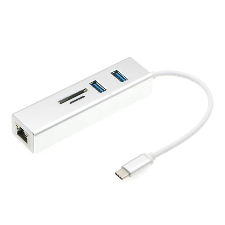 USB C HUB, USB C से 2 USB3.0 HUB कार्ड रीडर RJ45 ईथरनेट एडेप्टर